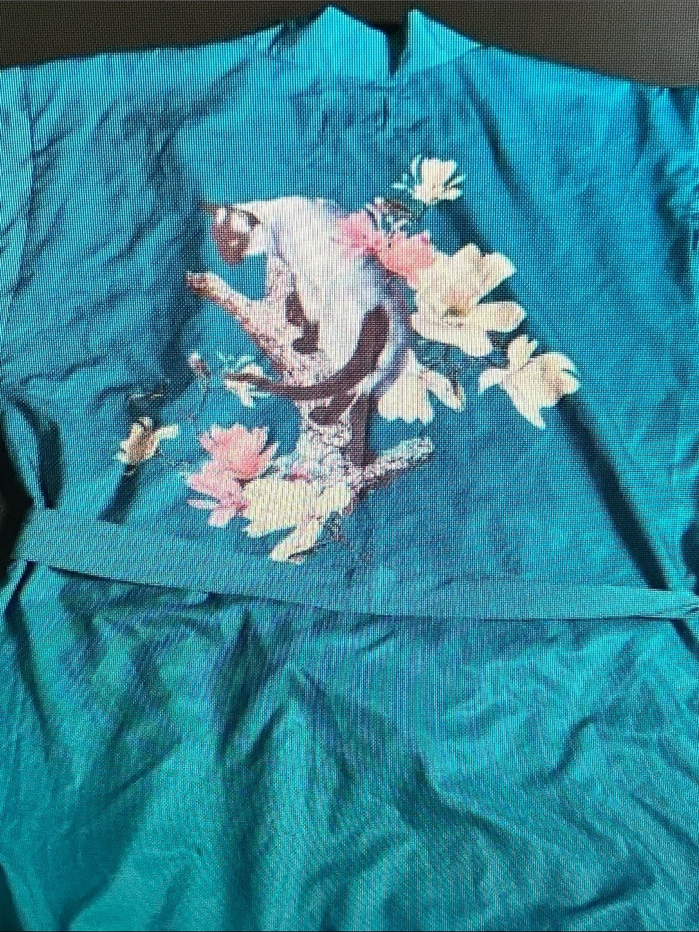 Teal Floral & Cat Embroidered Kimono Jacket
